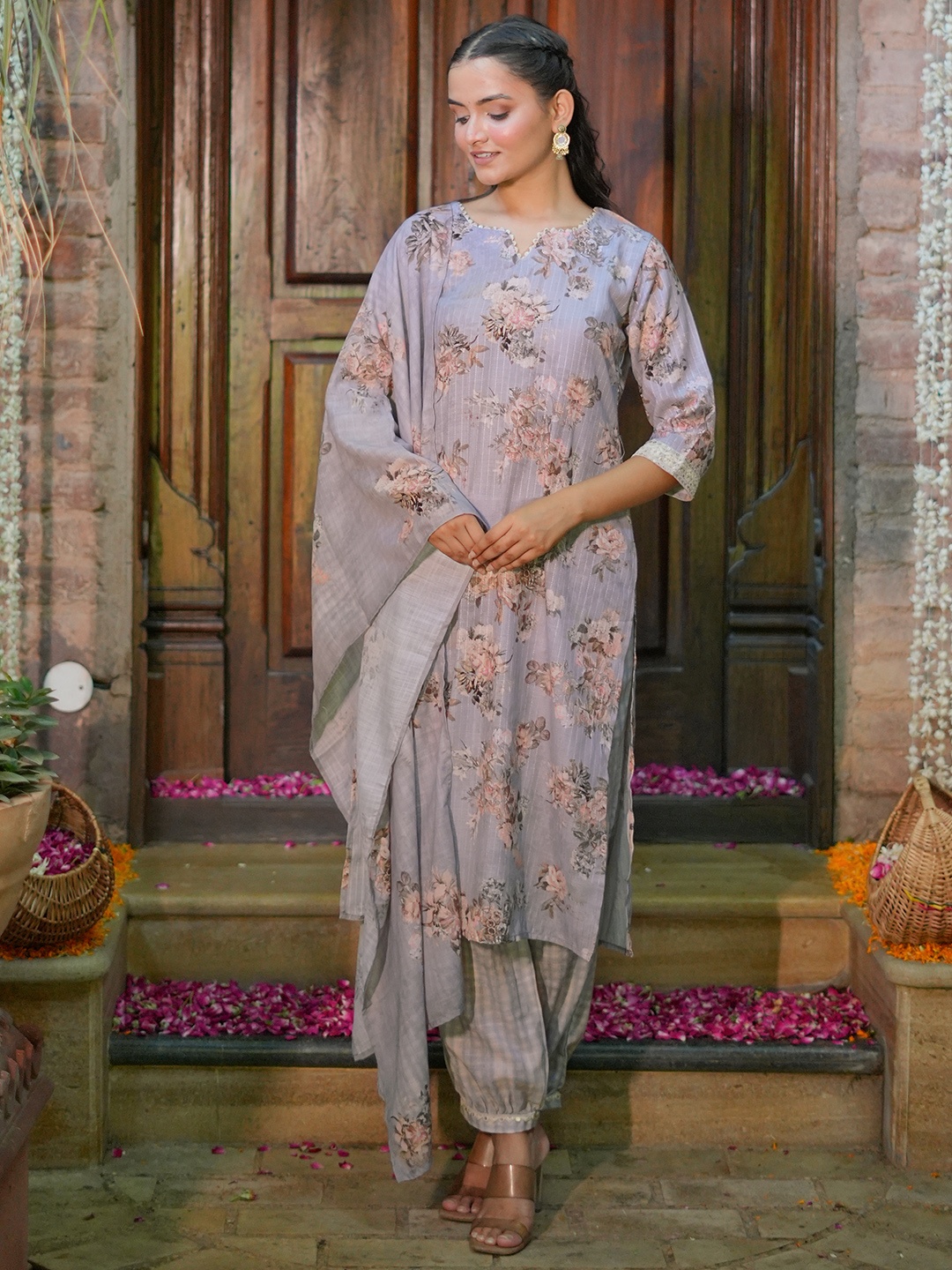 

Libas Floral Printed Regular Gotta Patti Kurta with Salwar & With Dupatta, Grey
