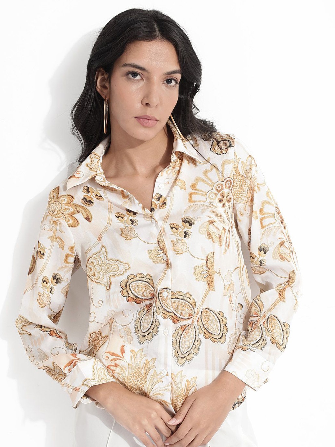 RAREISM Comfort Floral Printed Spread Collar Cotton Casual Shirt, Cream