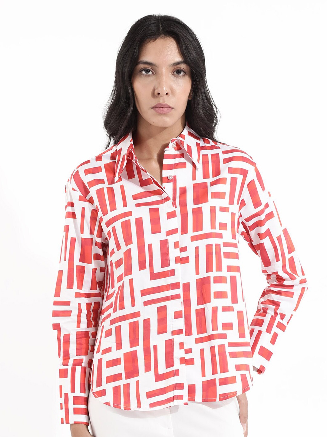 

RAREISM Comfort Geometric Printed Spread Collar Cotton Casual Shirt, Red