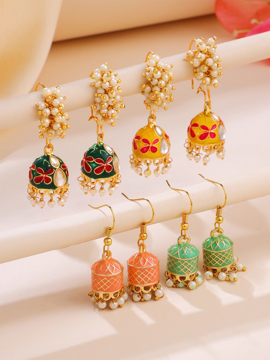 

Yellow Chimes Set of 4 Gold-Plated Meenakari Beaded Jhumkas