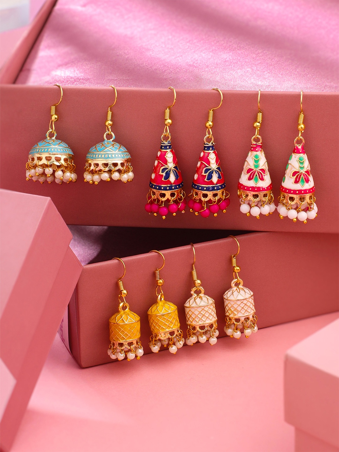 

Yellow Chimes Set of 5 Gold-Plated Beaded Jhumkas