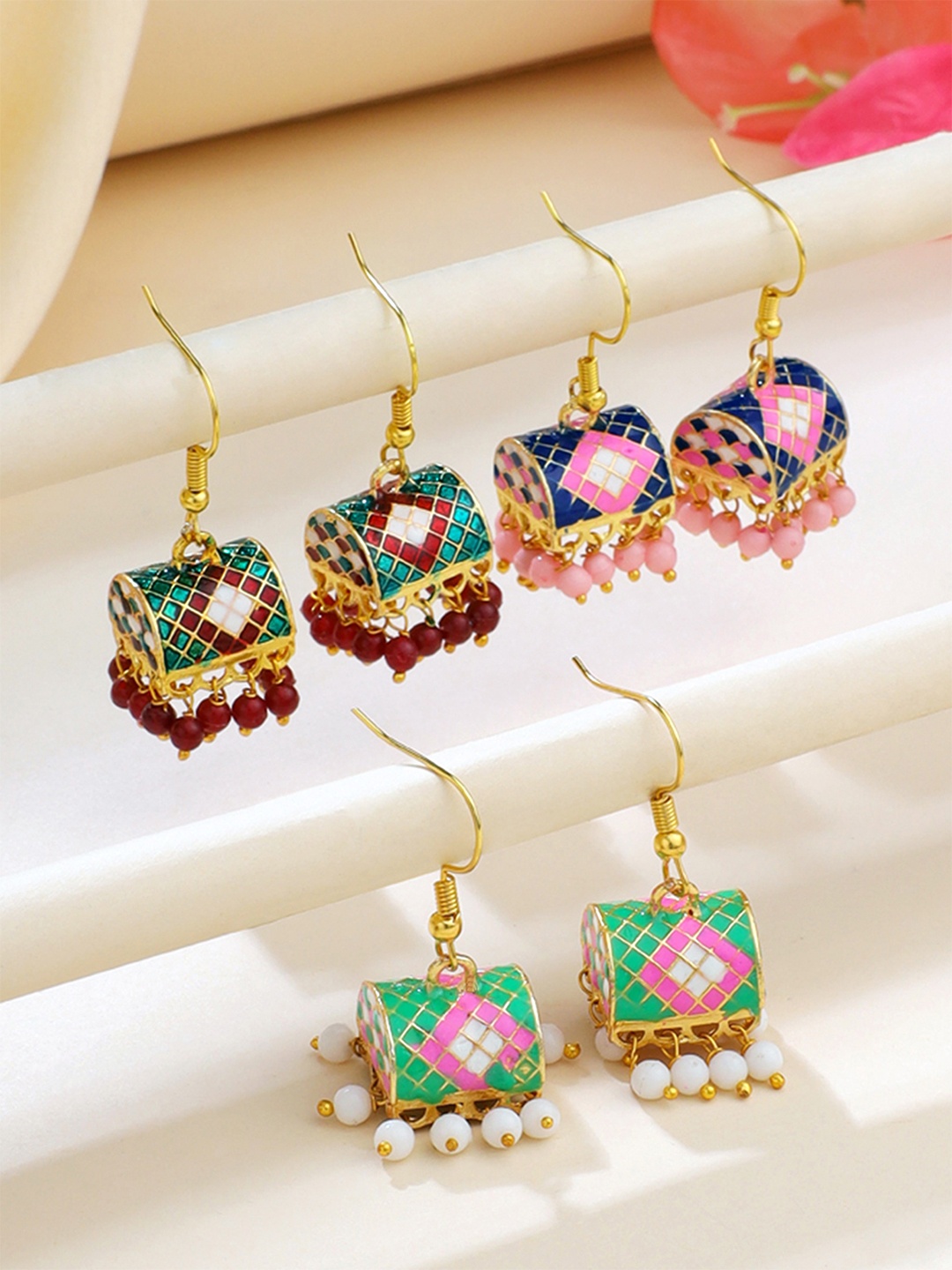 

Yellow Chimes Set Of 3 Gold-Plated Beaded Jhumkas
