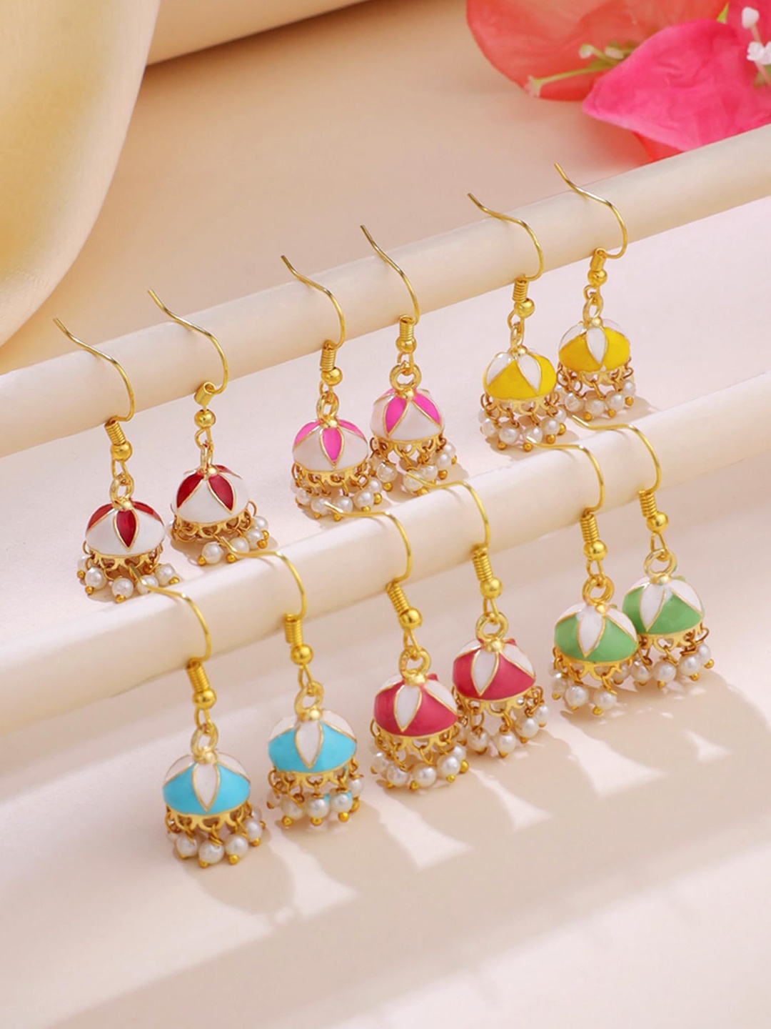 

Yellow Chimes Set Of 6 Contemporary Meenakari Jhumkas, Gold