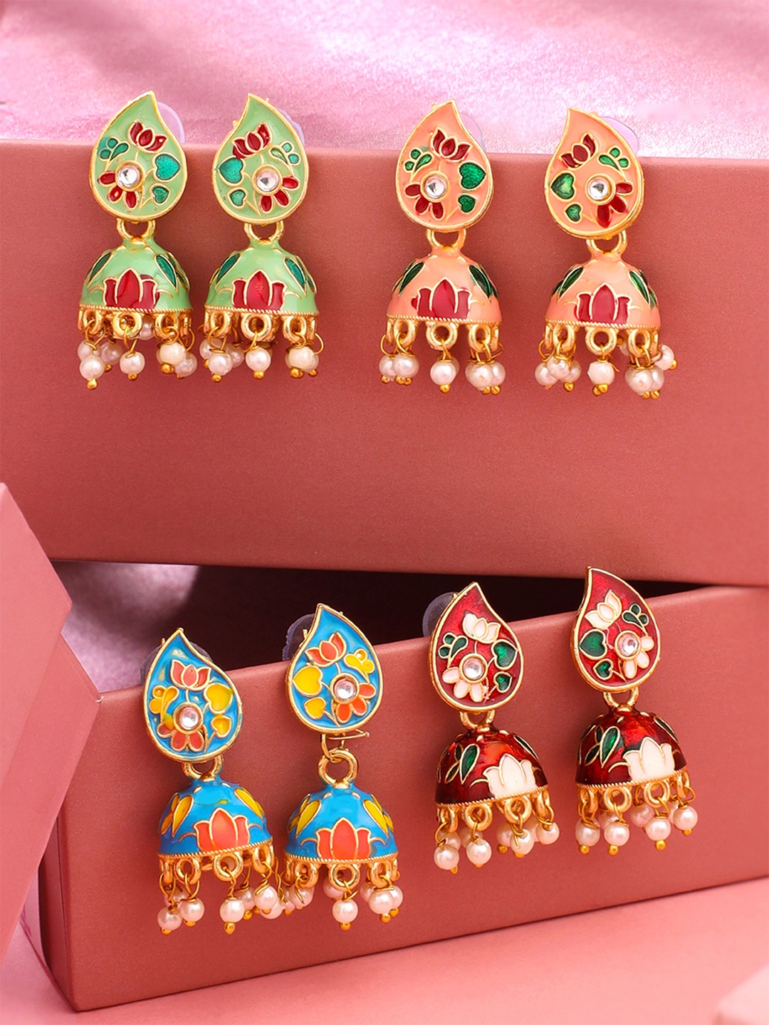 

Yellow Chimes Set of 4 Gold-Plated Meenakari Beaded Jhumkas