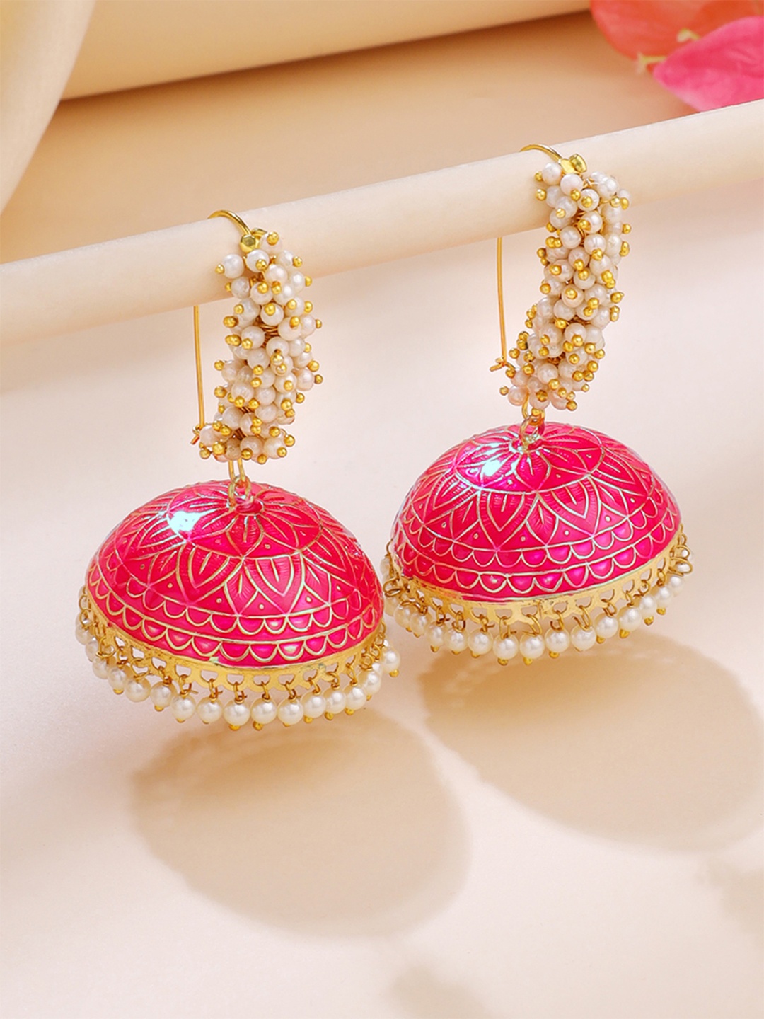 

Yellow Chimes Gold-Plated Meenakari Beaded Jhumkas