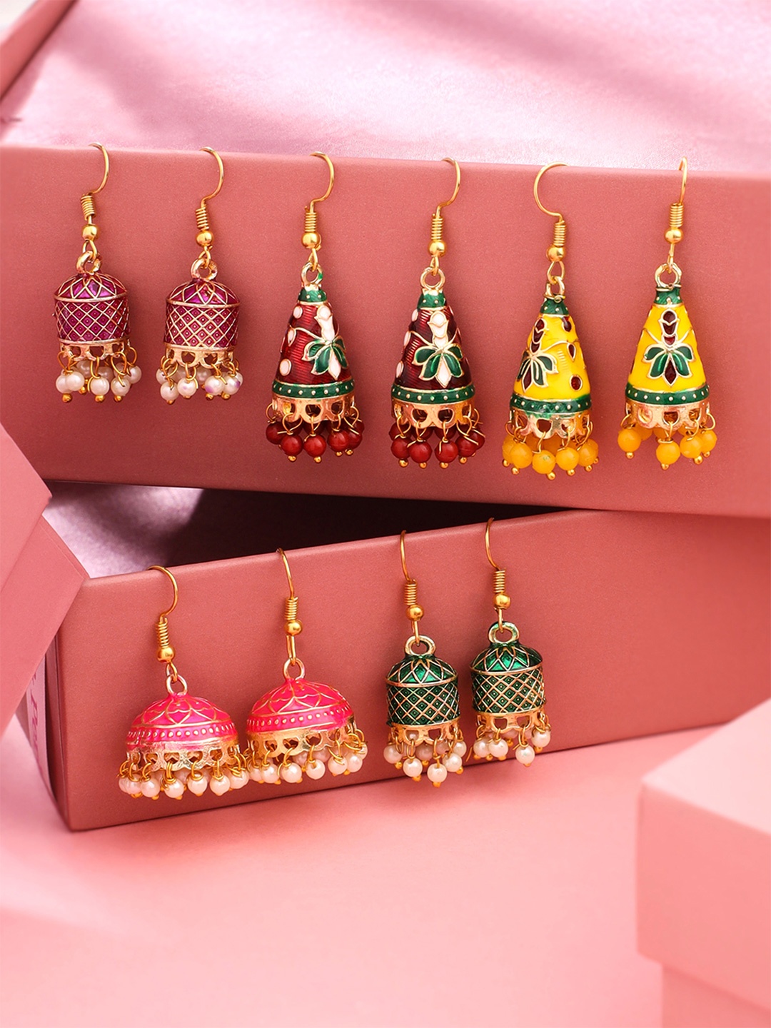 

Yellow Chimes Set of 5 Gold-Plated Meenakari Beaded Jhumkas