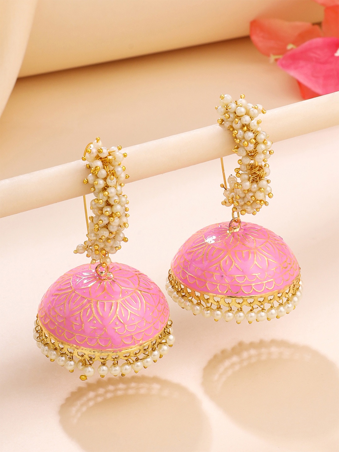 

Yellow Chimes Gold-Plated Dome Shaped Meenakari Jhumkas