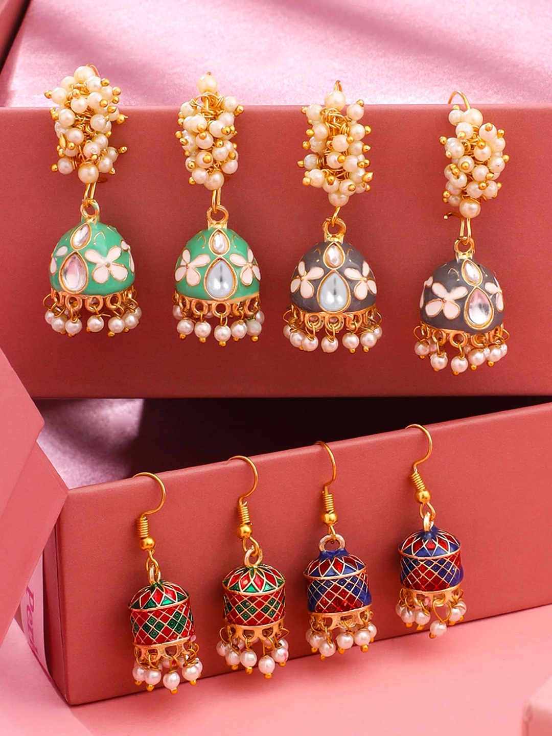 

Yellow Chimes Set Of 4 Contemporary Meenakari Jhumkas, Gold