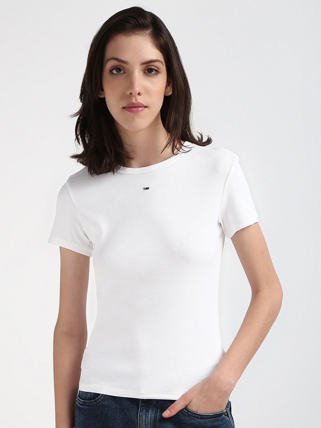 

Tommy Hilfiger Round Neck Short Sleeves Cotton Slim Fit T-shirt, White