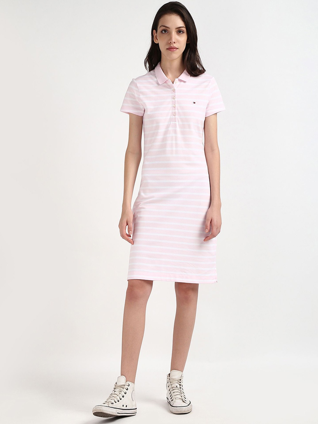 

Tommy Hilfiger Women Striped Short Sleeves Cotton T-shirt Dress, Pink