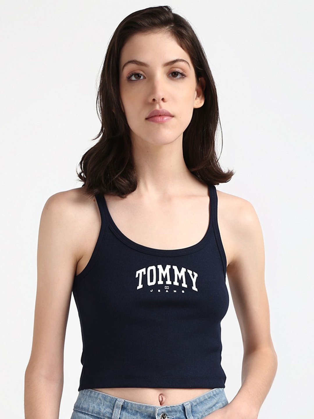 

Tommy Hilfiger Typography Printed Shoulder Straps Cotton Tank Crop Top, Blue