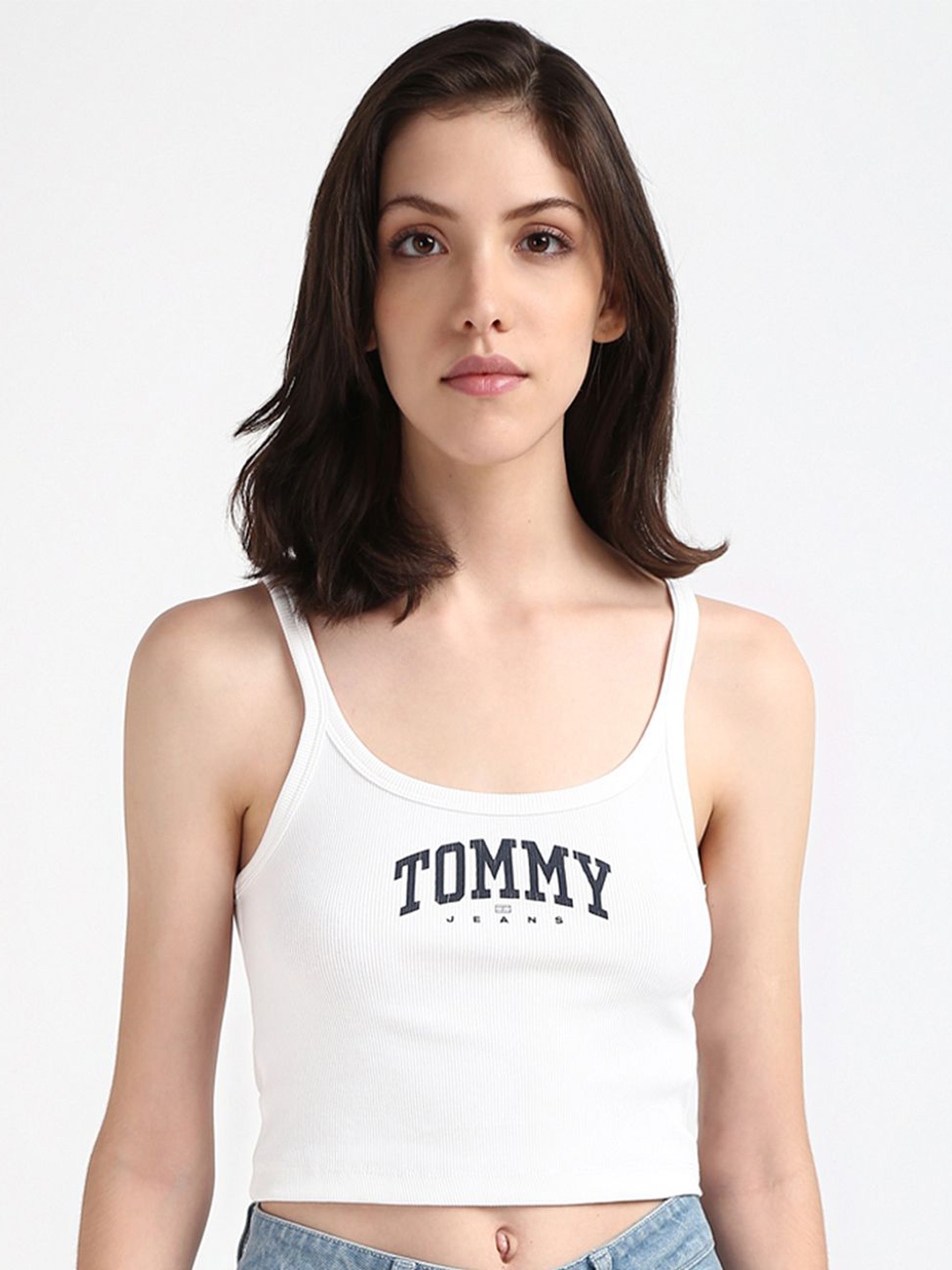 

Tommy Hilfiger Brand Name Printed Shoulder Straps Cotton Sleeveless Crop Top, White