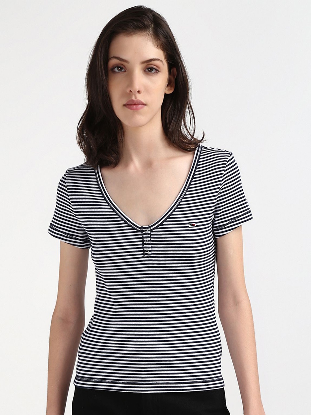 

Tommy Hilfiger V Neck Short Sleeves Striped Cotton Slim Fit T-shirt, Blue