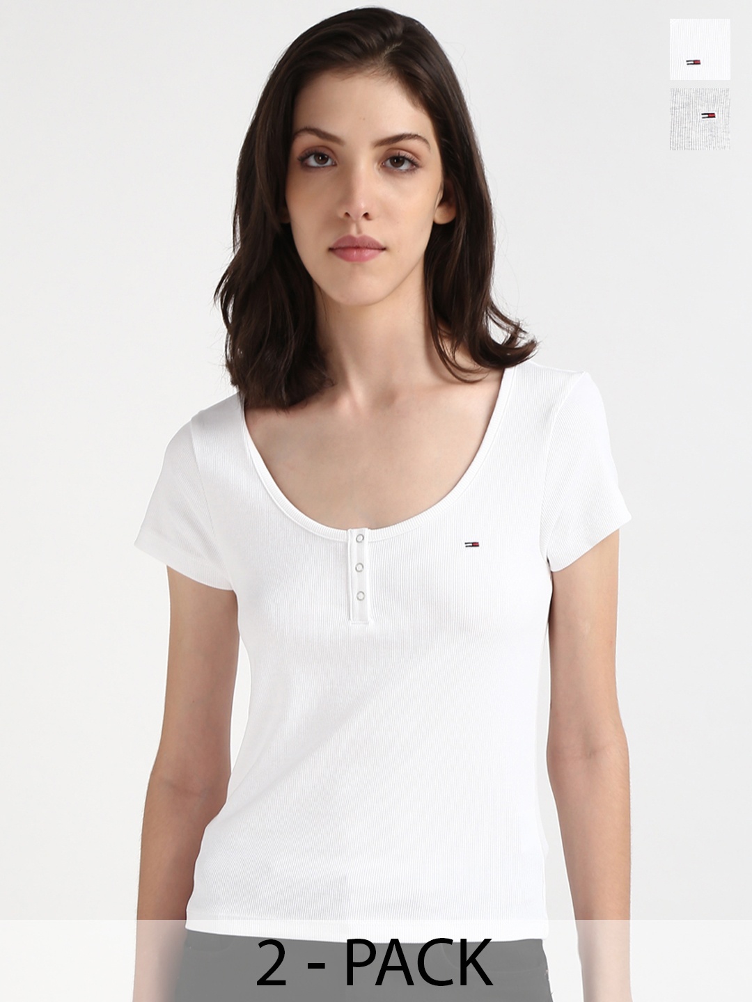 

Tommy Hilfiger Women Pack Of 2 Scoop Neck Solid Cotton T-shirt, White