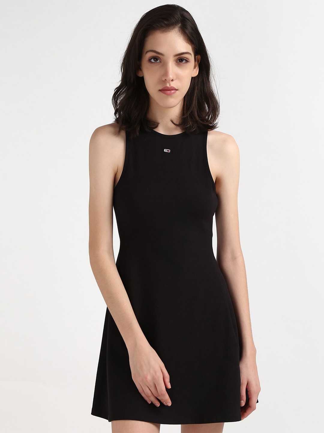 

Tommy Hilfiger Round Neck Sleeveless Cotton A-Line Mini Dress, Black