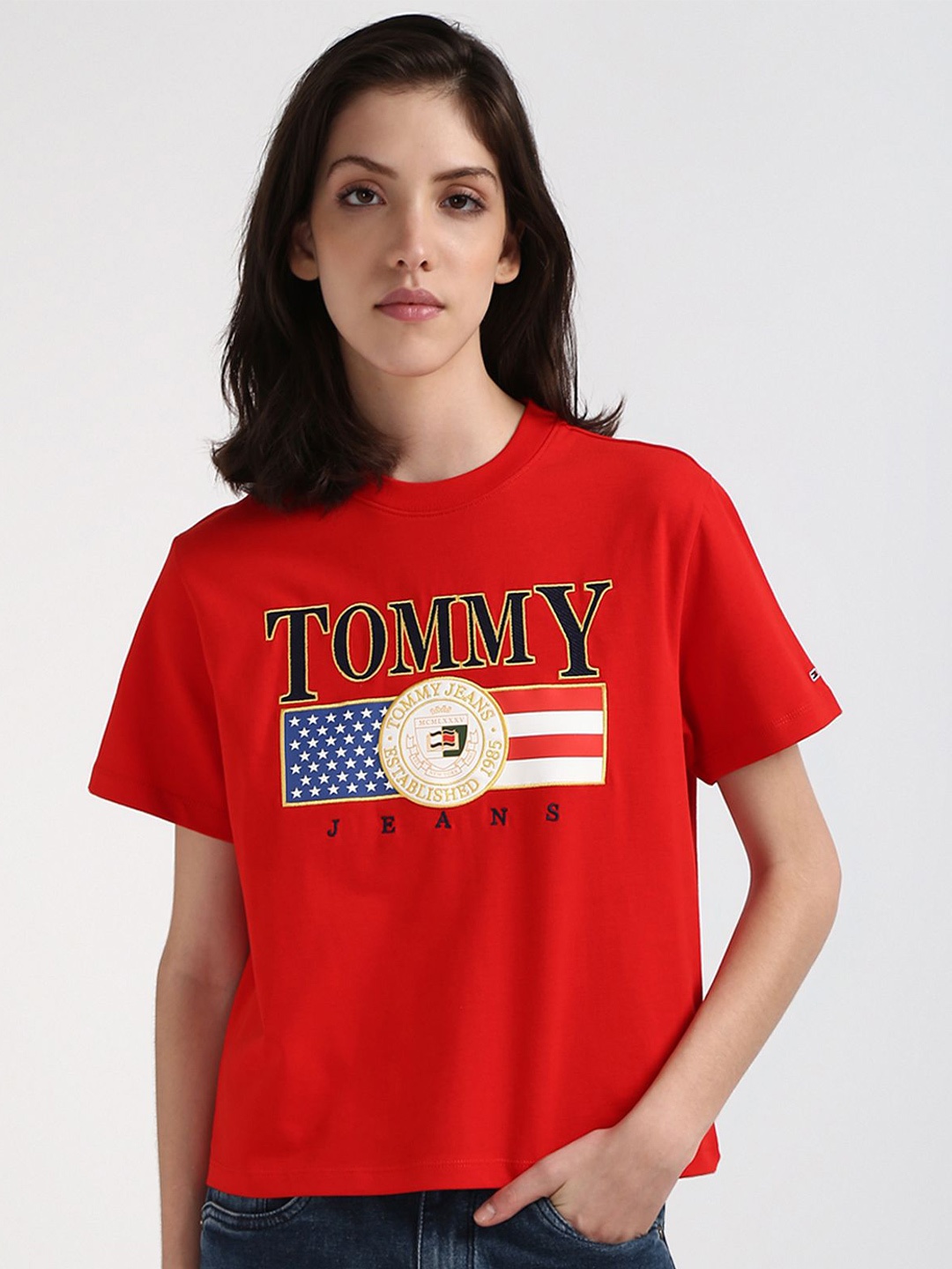 

Tommy Hilfiger Round Neck Short Sleeves Typography Printed Cotton T-shirt, Red