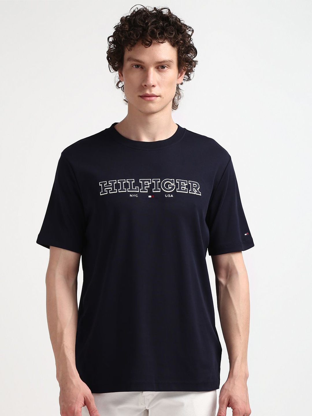 Tommy Hilfiger Round Neck Typography Printed Cotton T-shirt, Navy blue