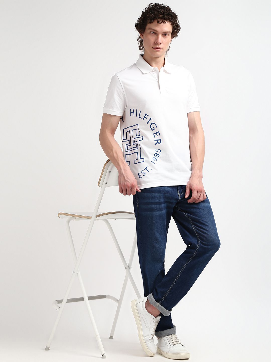 Tommy Hilfiger Typography Printed Polo Collar Cotton T-shirt, White