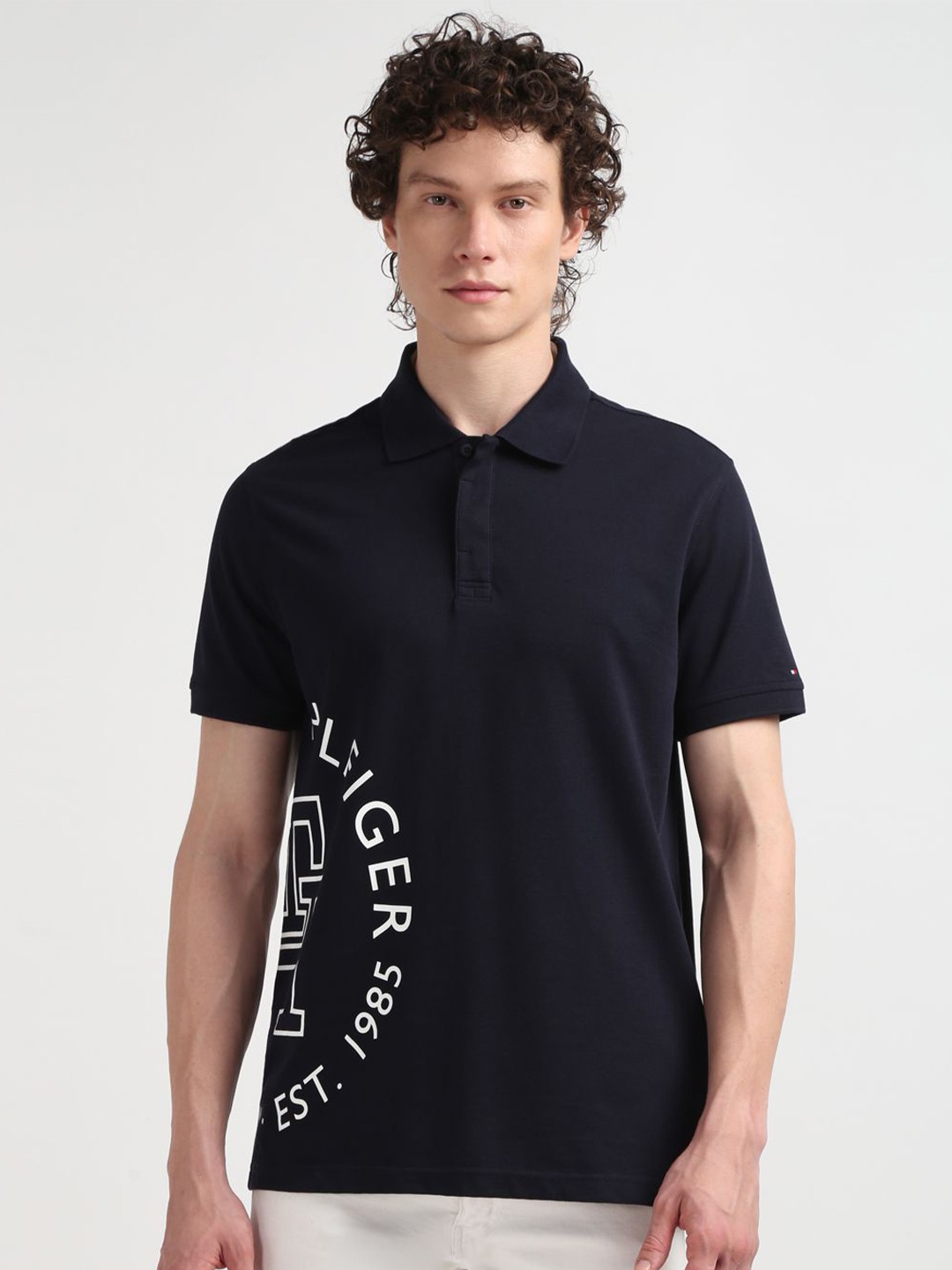 

Tommy Hilfiger Typography Printed Polo Collar Cotton T-shirt, Navy blue