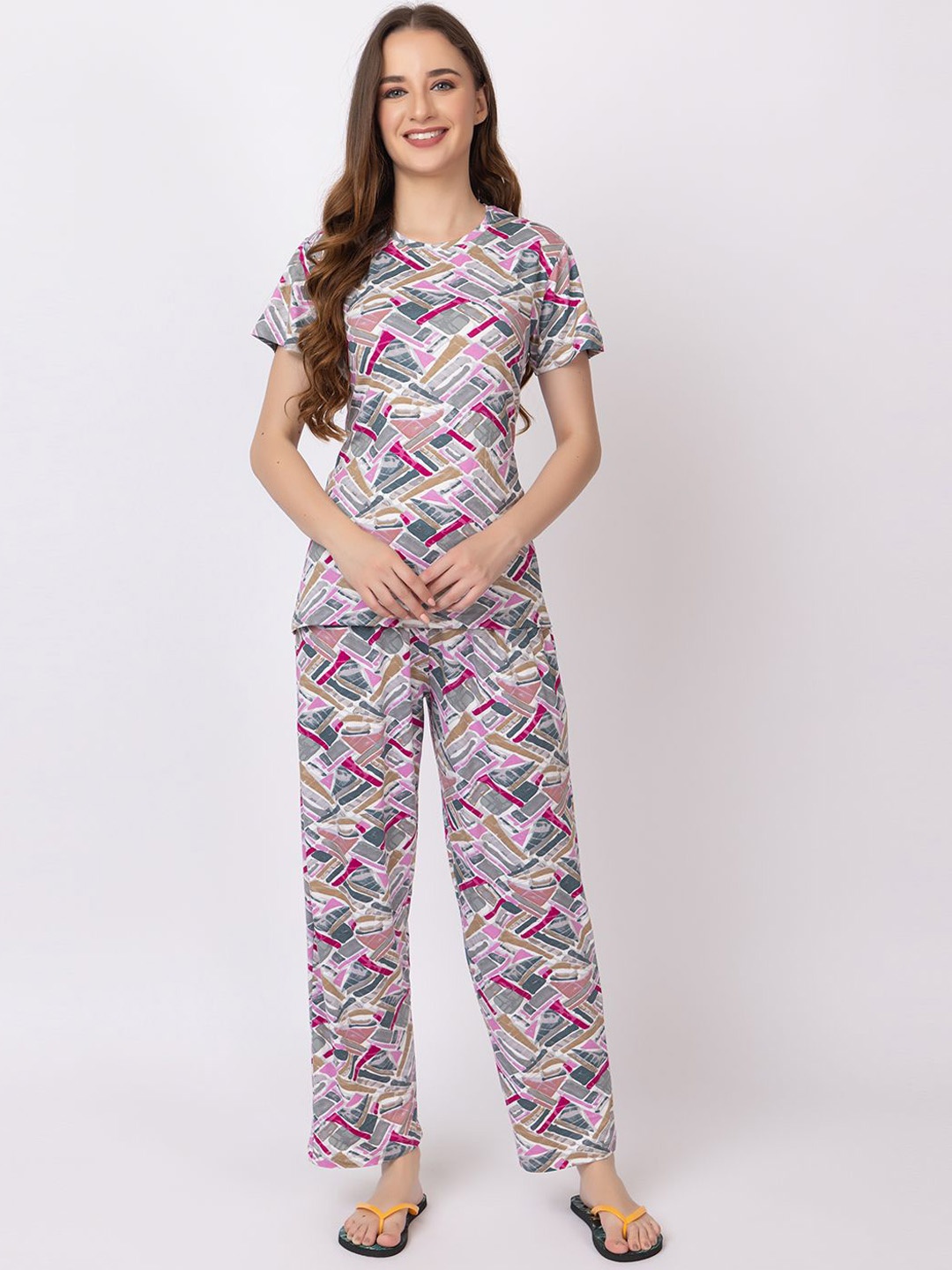 

KEIKO Abstract Printed Round Neckh Short Sleeves Pure Cotton Top & Pyjamas, Grey