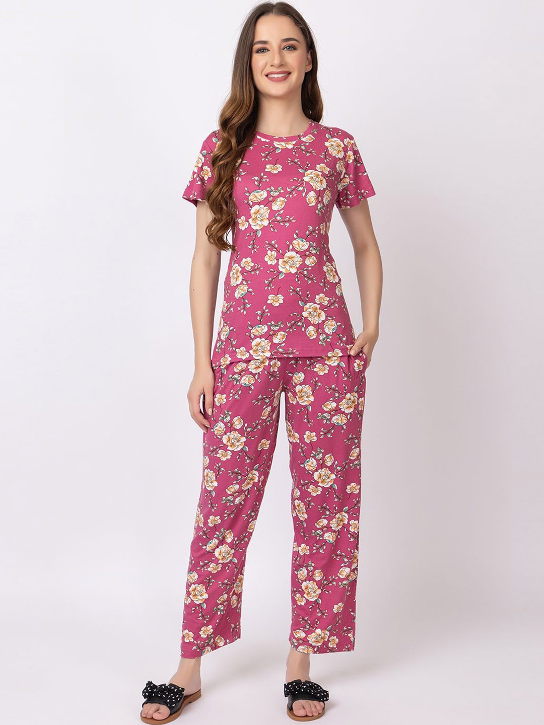 

KEIKO Floral Printed Round Neck Short Sleeves Top & Pyjamas Night suit, Mauve