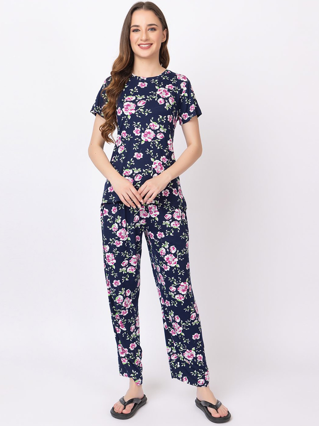 

KEIKO Floral Printed Round Neck Short Sleeves Top & Pyjamas Night suit, Navy blue