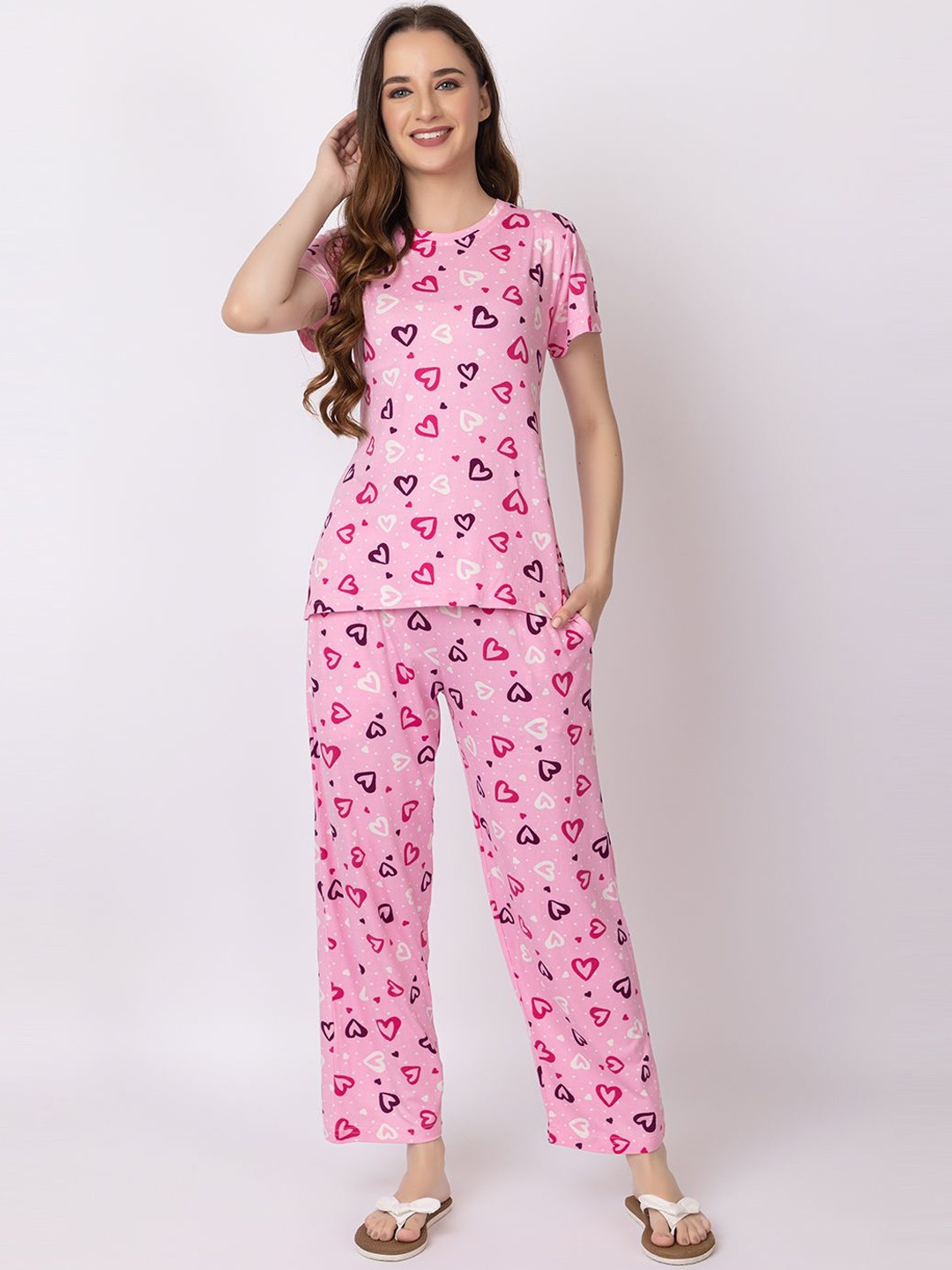 

KEIKO Conversational Printed Round Neck Short Sleeves Top & Pyjamas Night suit, Pink