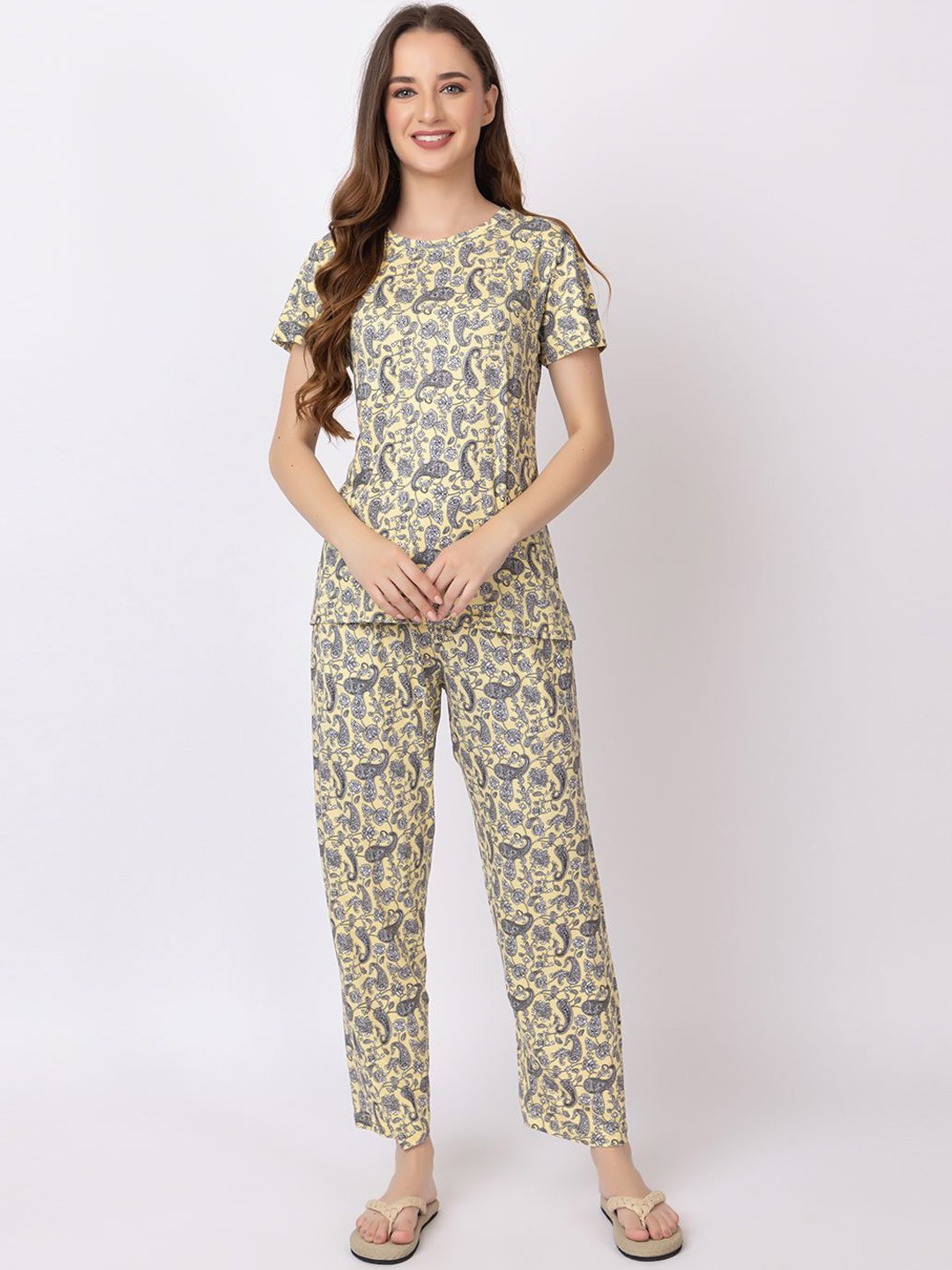 

KEIKO Ethnic Motifs Printed Round Neck Short Sleeves Top & Pyjamas Night suit, Yellow
