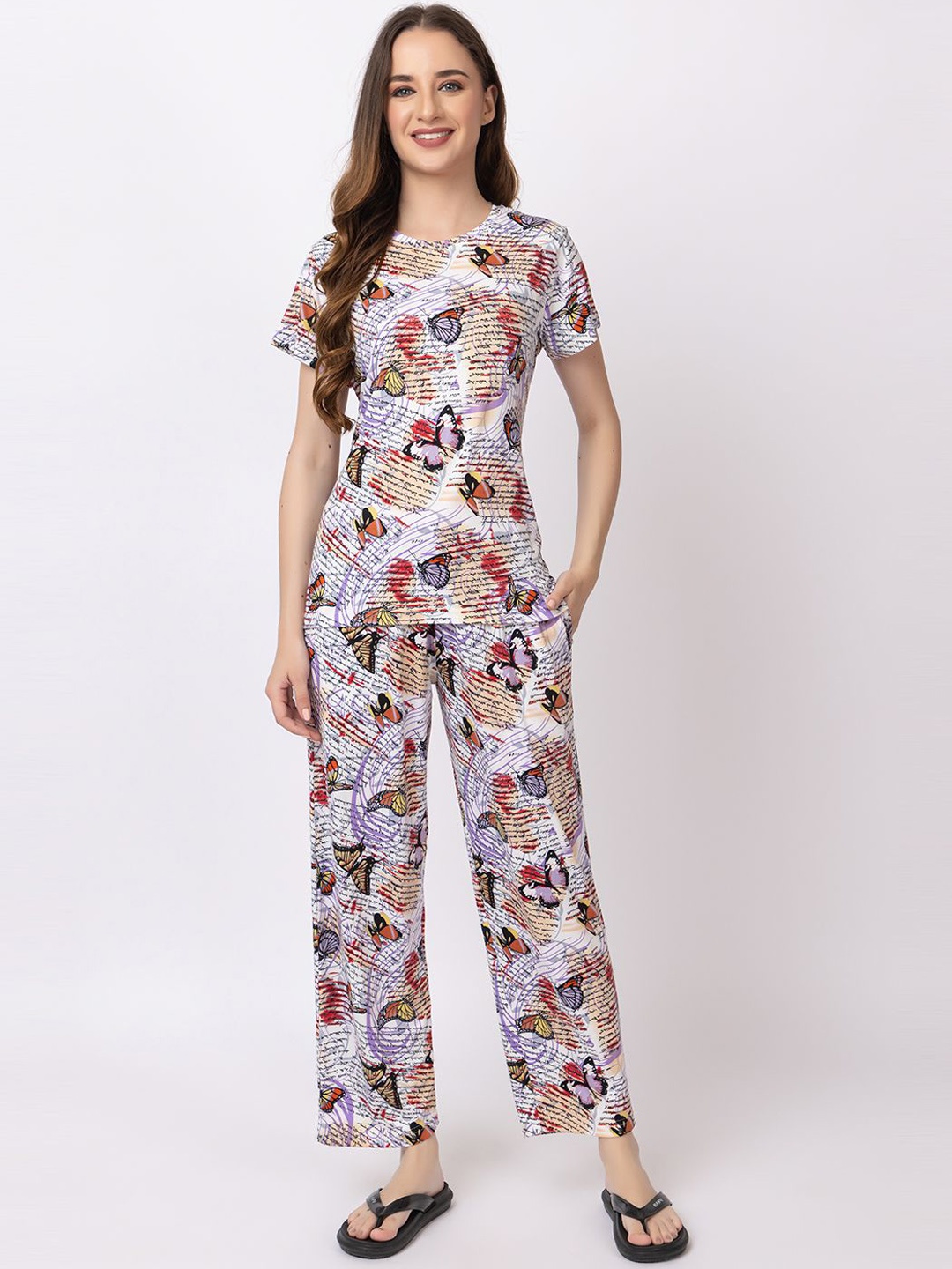 

KEIKO Graphic Printed Round Neck Short Sleeves Top & Pyjamas Night suit, Purple