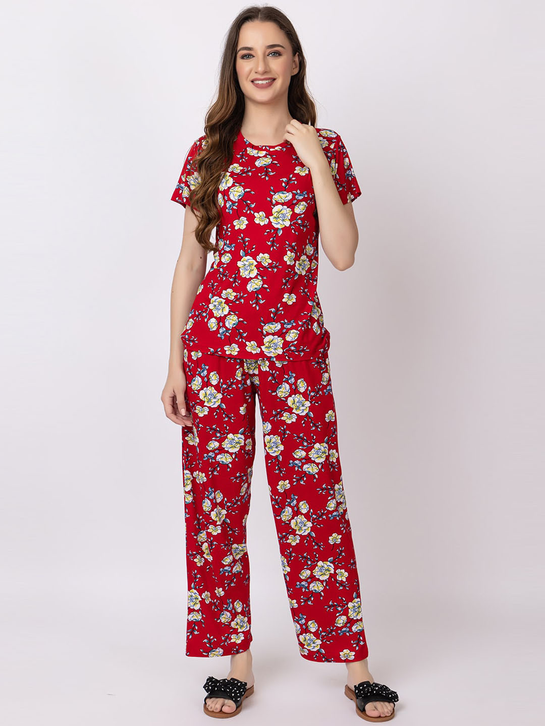 

KEIKO Floral Printed Round Neck Short Sleeves Top & Pyjamas Night suit, Red