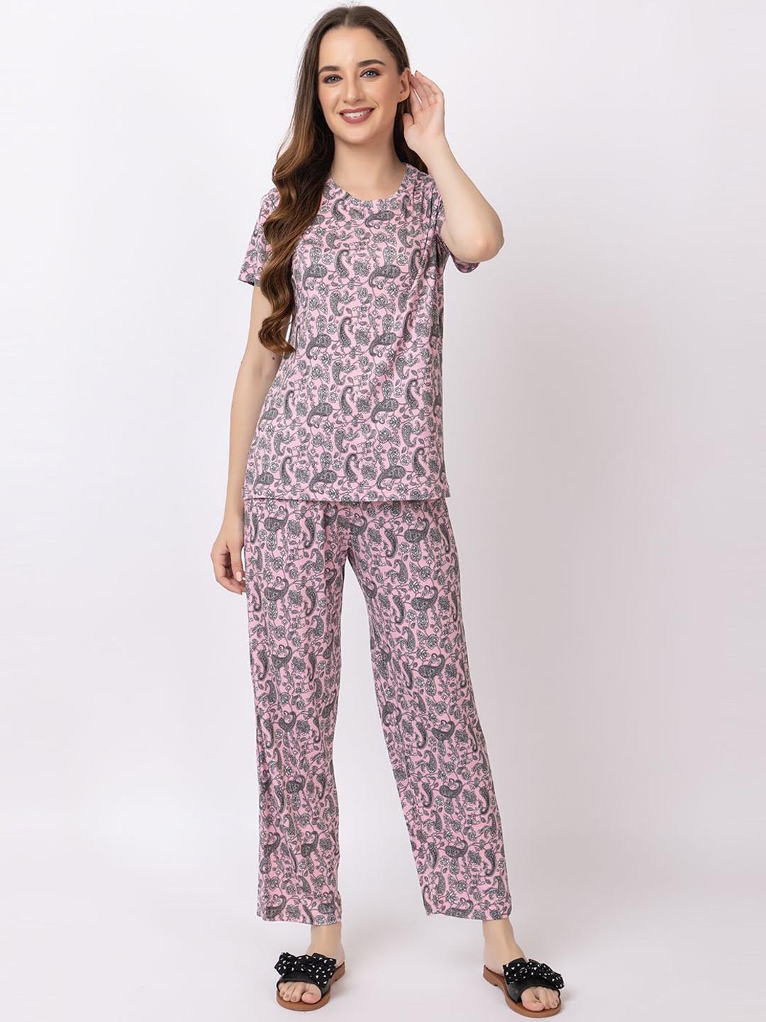 

KEIKO Ethnic Motifs Printed Round Neck Short Sleeves Top & Pyjamas Night suit, Pink