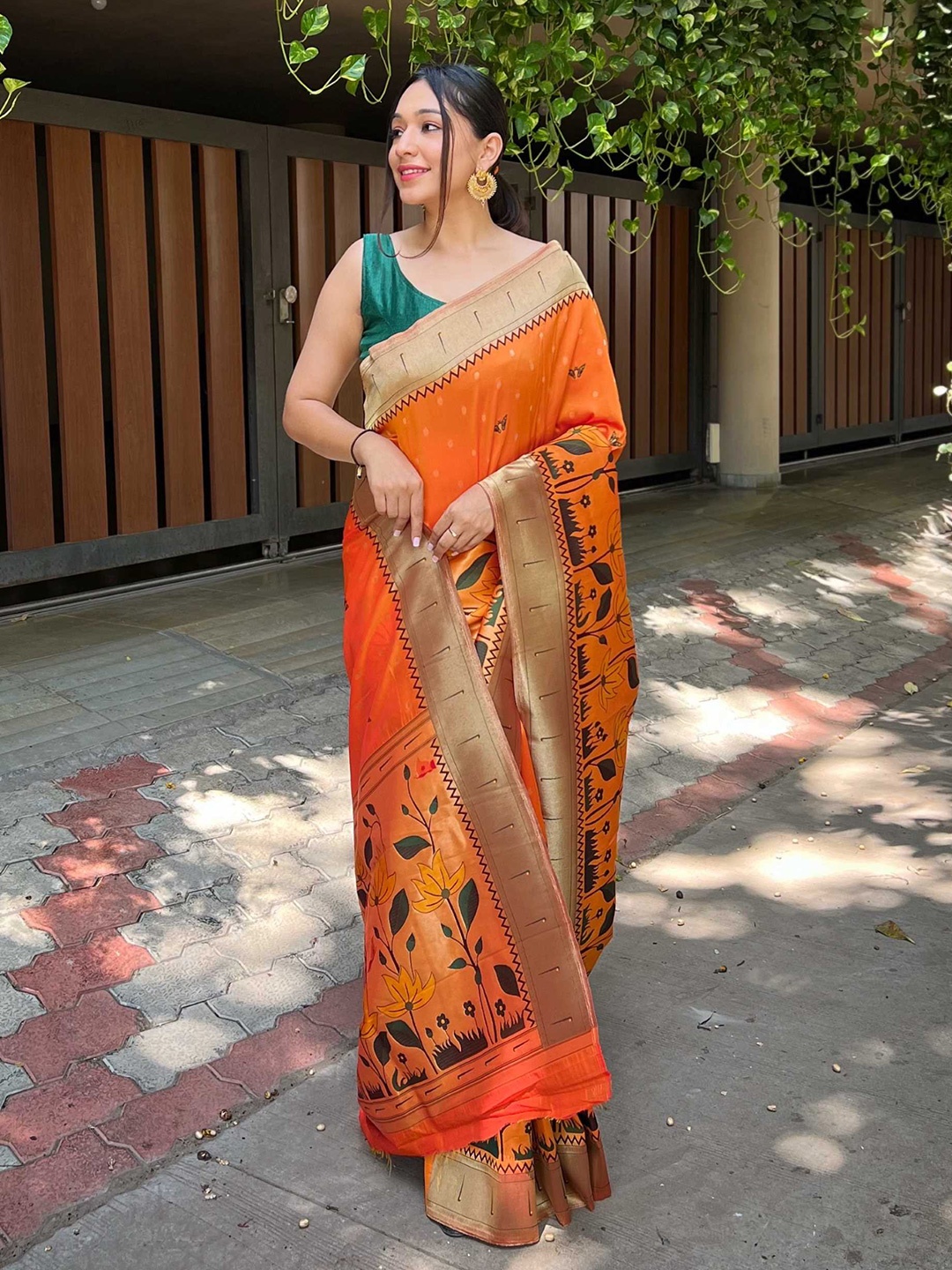 

Panzora Ethnic Motifs Woven Design Zari Paithani Saree, Orange