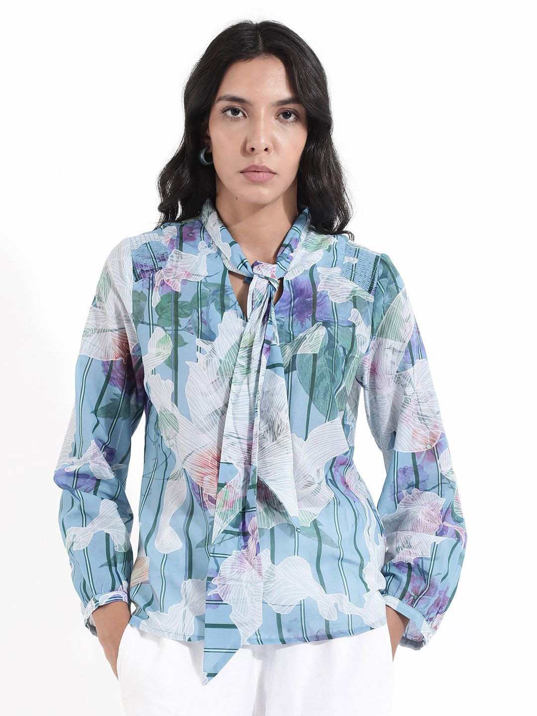 

RAREISM Floral Printed Cuffed Sleeves Tie-Up Neck Cotton Shirt Style Top, Blue