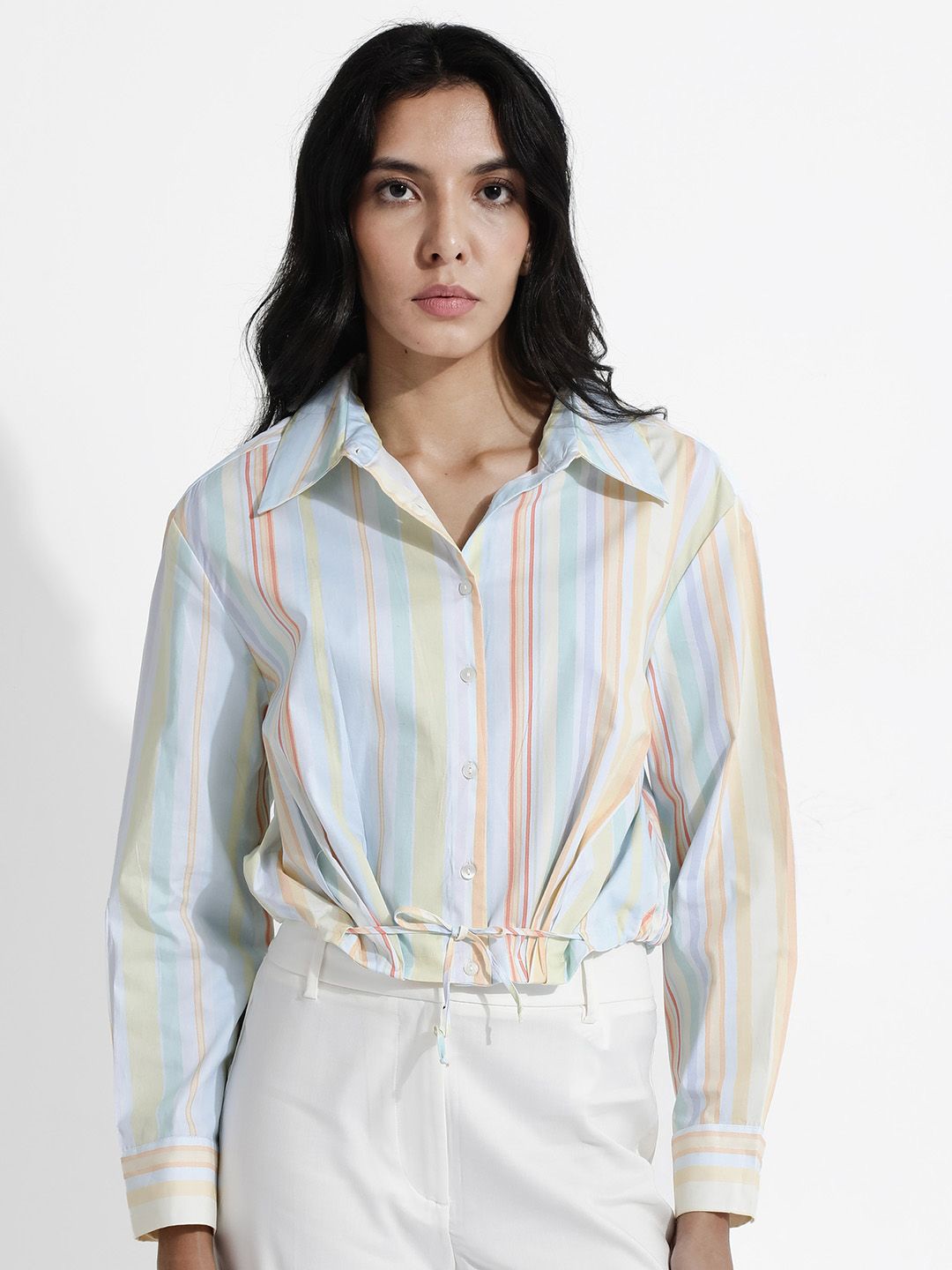 

RAREISM Vertical Stripes Cuffed Sleeves Tie-Ups Cotton Shirt Style Top, Blue
