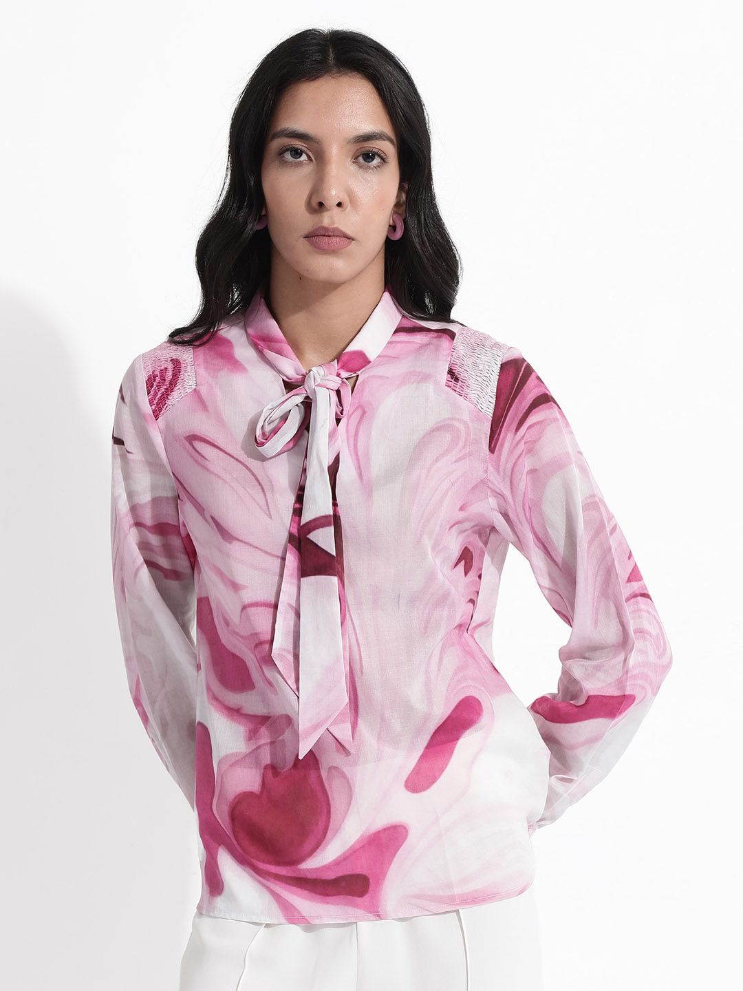 

RAREISM Abstract Printed Cuffed Sleeves Tie-Up Neck Semi Sheer Cotton Shirt Style Top, Pink