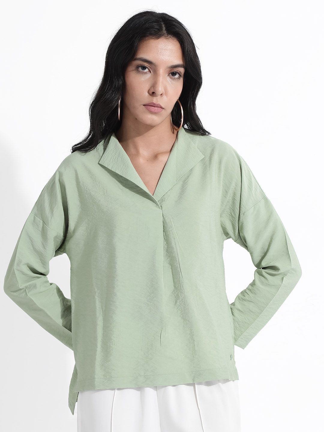 

RAREISM Lapel Collar Long Sleeves Cotton Top, Green