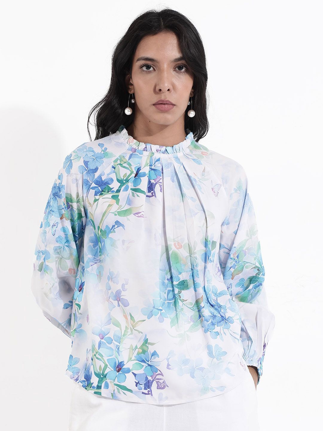 

RAREISM Floral Printed Cuffed Sleeves Cotton Styled Back Top, Blue