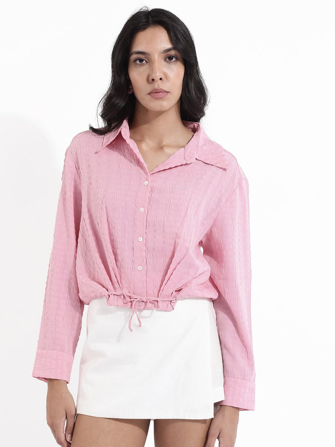 

RAREISM Vertical Stripes Cuffed Sleeves Cotton Shirt Style Top, Pink