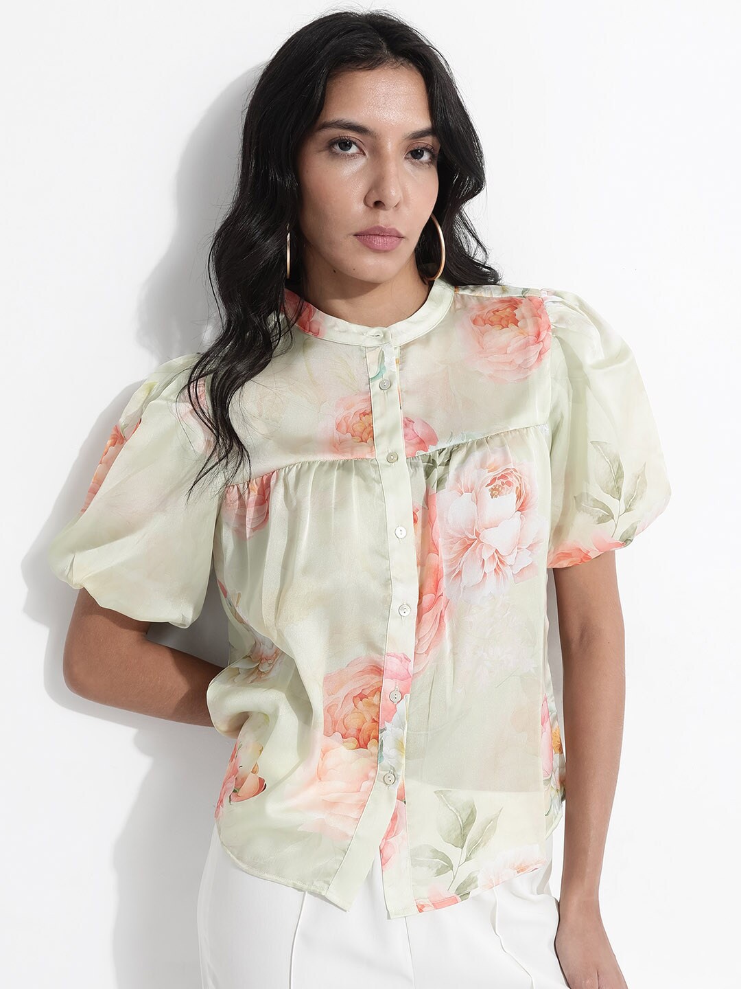 

RAREISM Floral Printed Puff Sleeve Cotton Top, Green