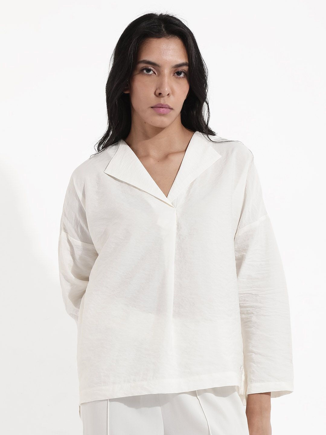 

RAREISM Shirt Collar Long Sleeves Semi Sheer Cotton Top, Off white