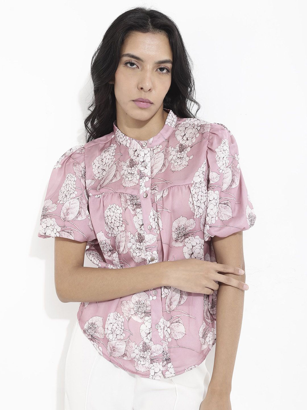 

RAREISM Printed Mandarin Collar Puff Sleeves Gathered Semi Sheer Cotton Shirt Style Top, Pink