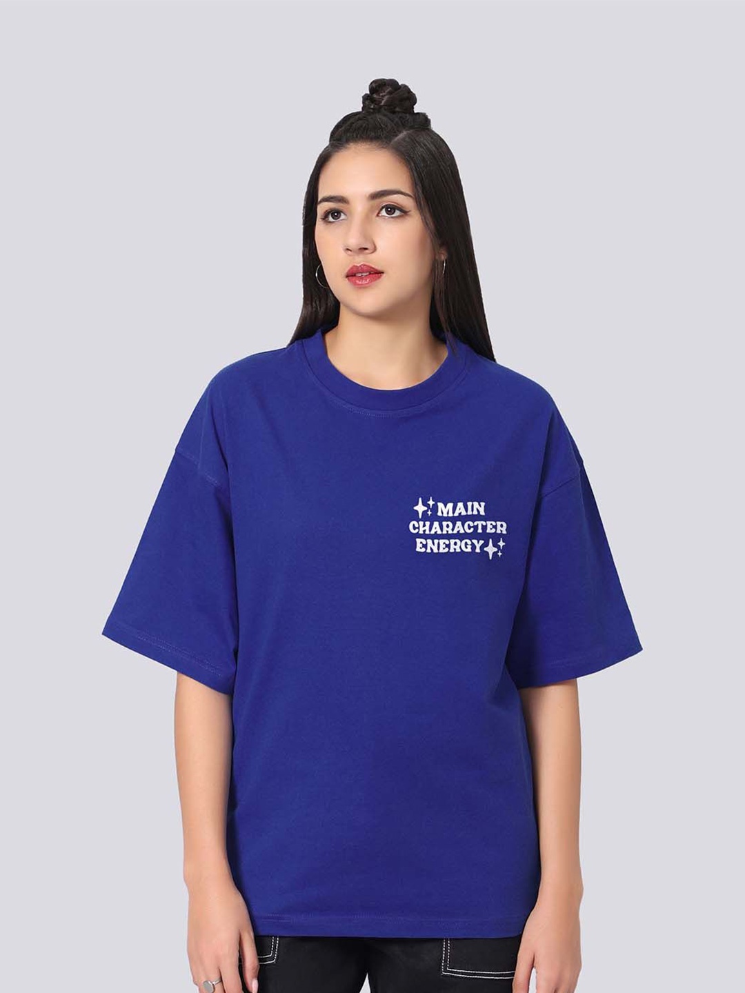 

Besick Oversized Typography Printed Drop-Shoulder Sleeves Cotton T-shirt, Navy blue