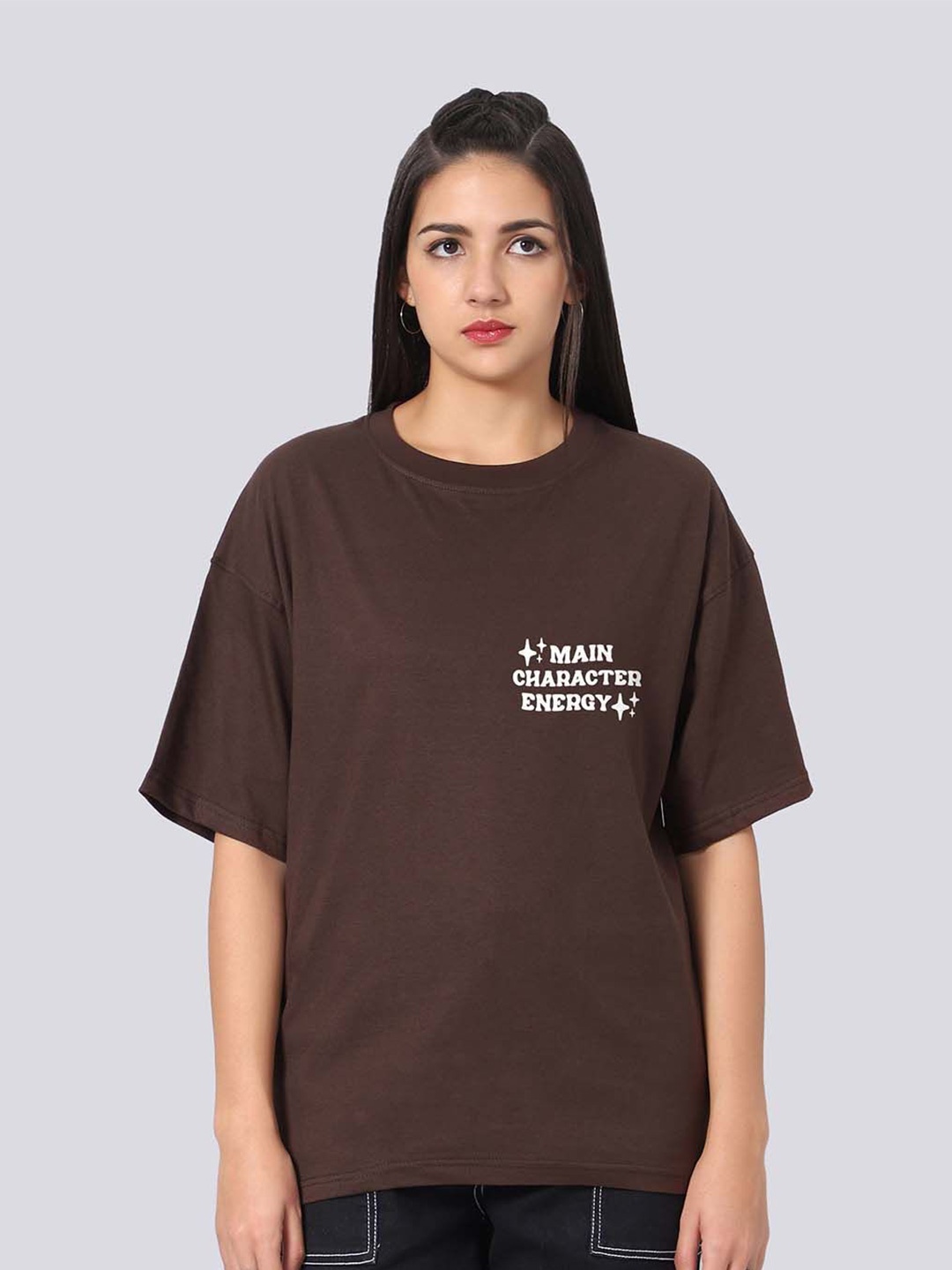 

Besick Oversized Typography Printed Drop-Shoulder Sleeves Cotton T-shirt, Brown