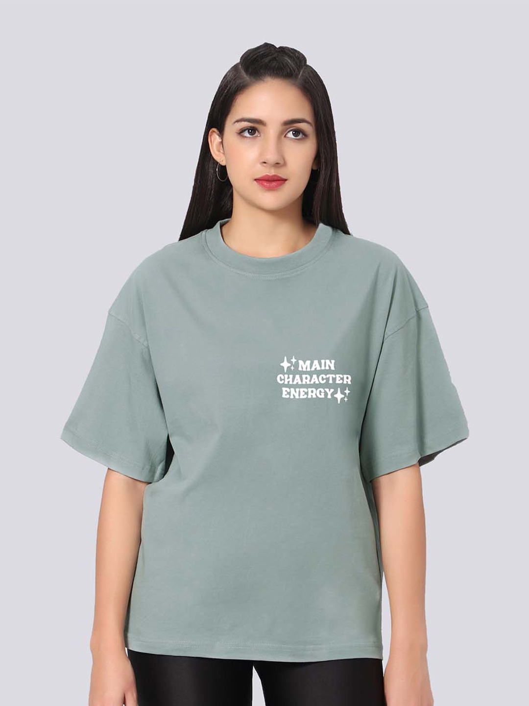 

Besick Oversized Typography Printed Drop-Shoulder Sleeves Cotton T-shirt, Sea green