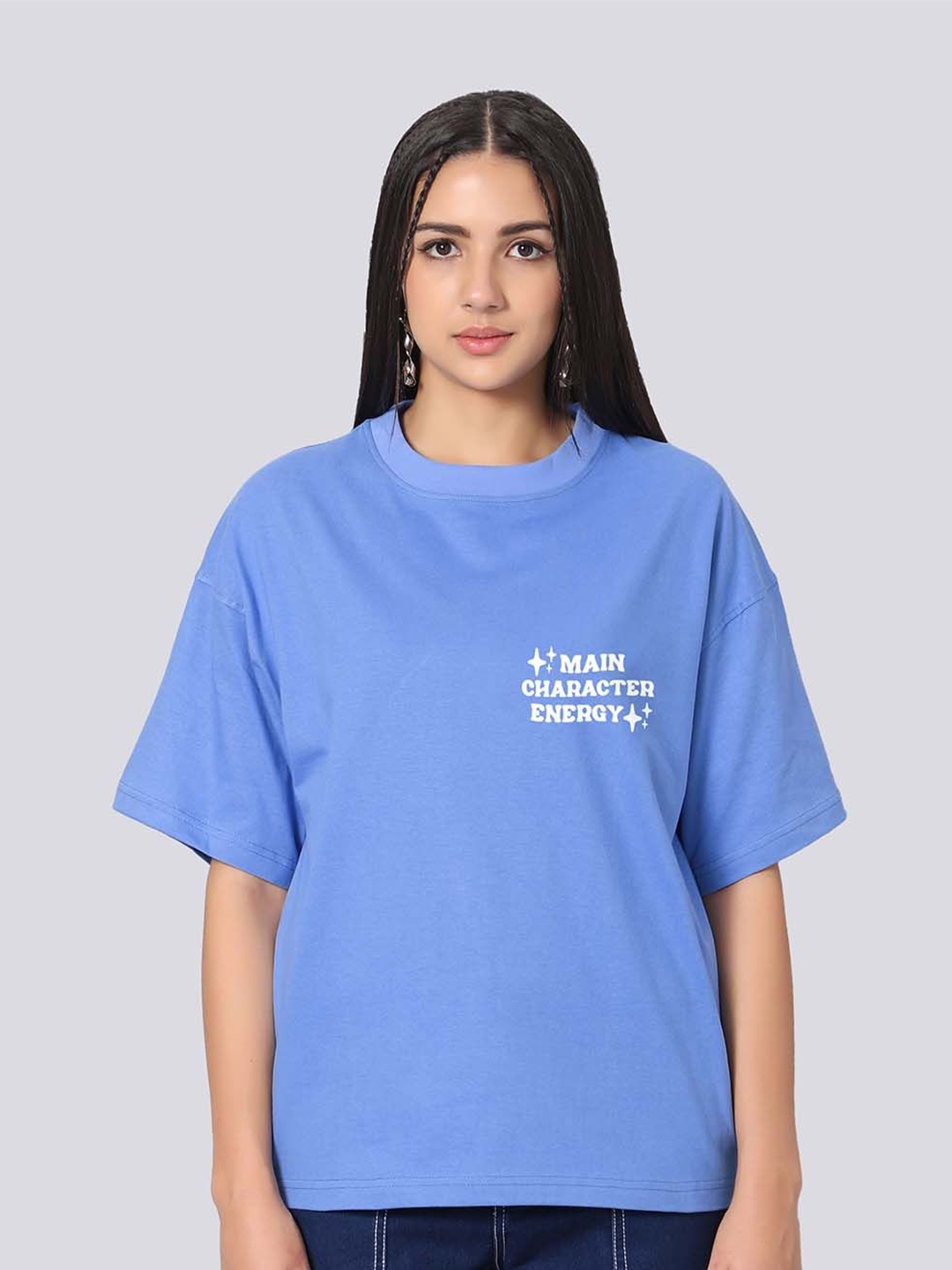 

Besick Oversized Typography Printed Drop-Shoulder Sleeves Cotton T-shirt, Blue