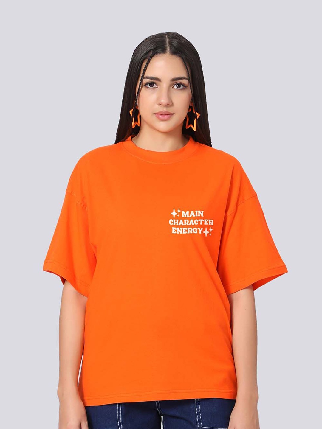 

Besick Oversized Typography Printed Drop-Shoulder Sleeves Cotton T-shirt, Orange