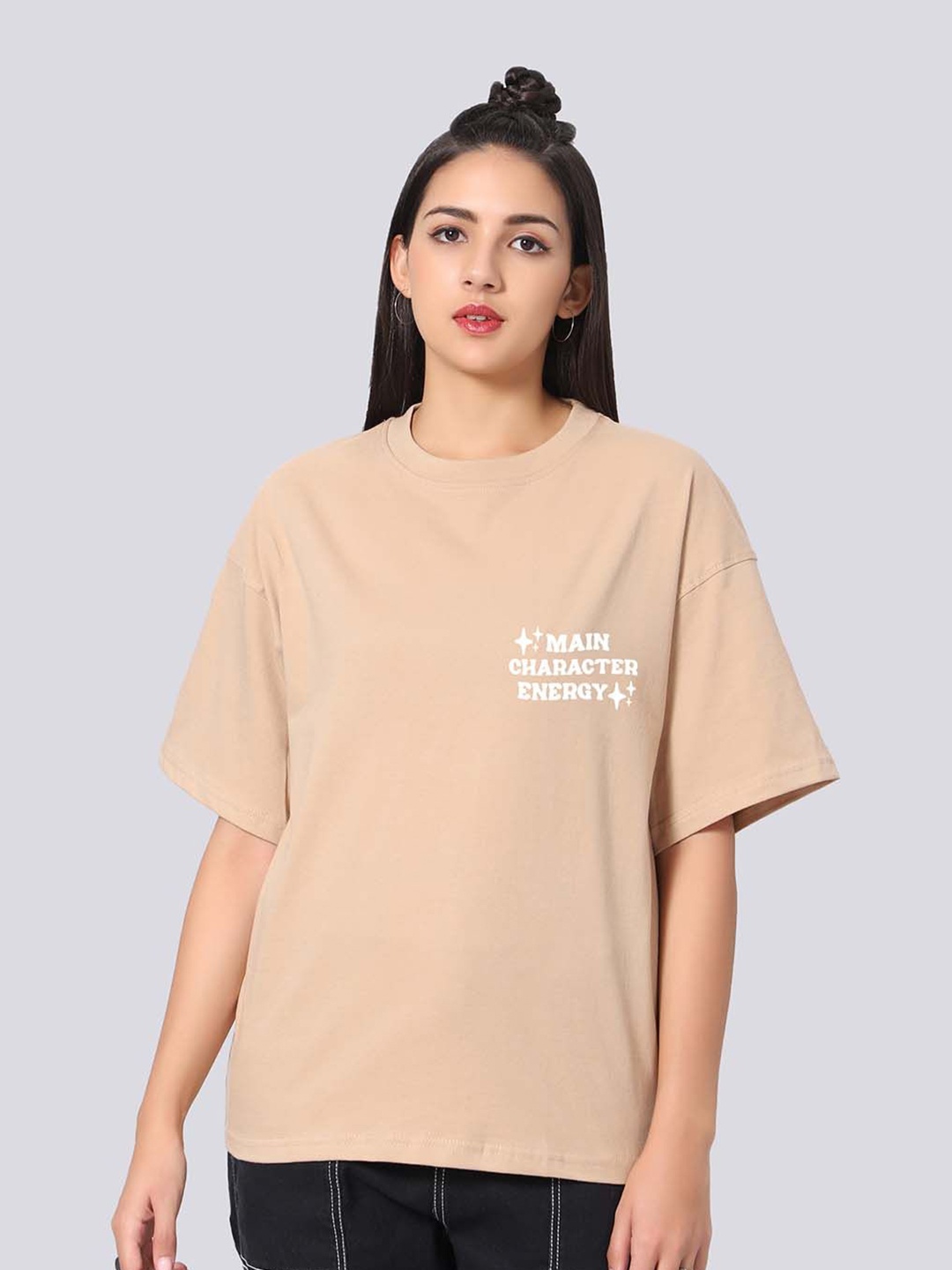 

Besick Oversized Typography Printed Drop-Shoulder Sleeves Cotton T-shirt, Beige