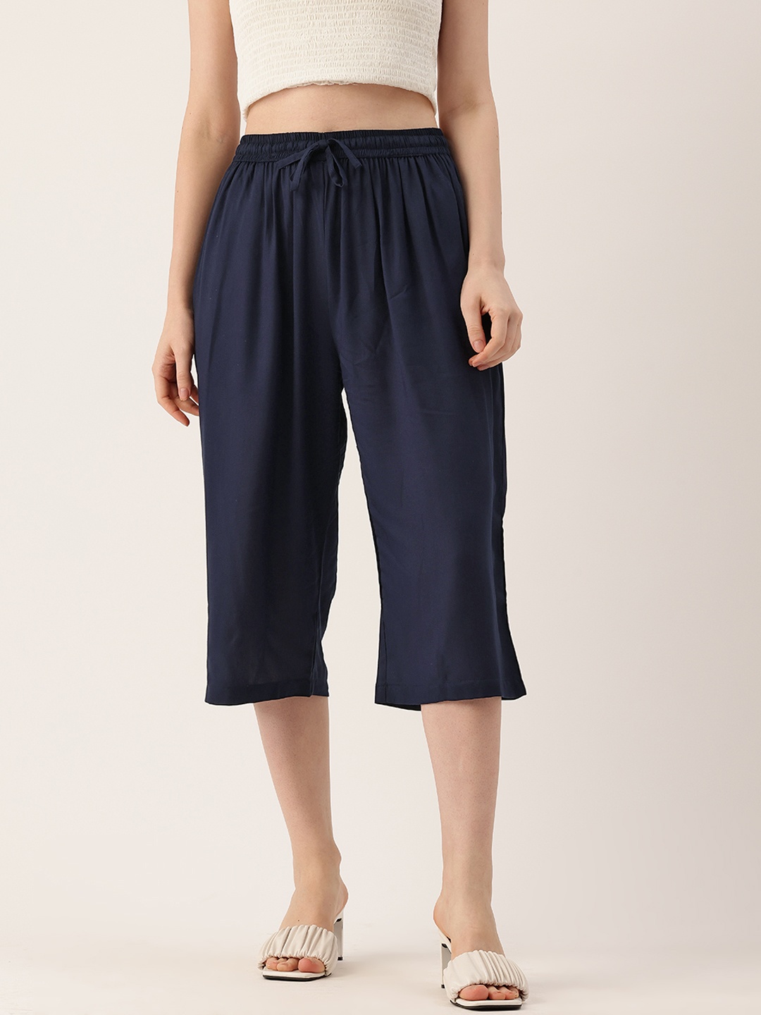 

FERANOID Women Solid Cropped Palazzos, Navy blue