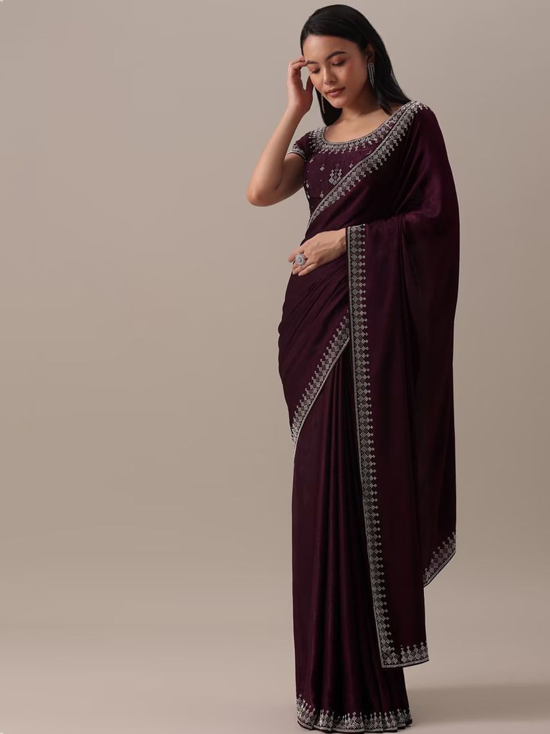 

SWADESI STUFF Embroidered Pure Georgette Saree, Maroon