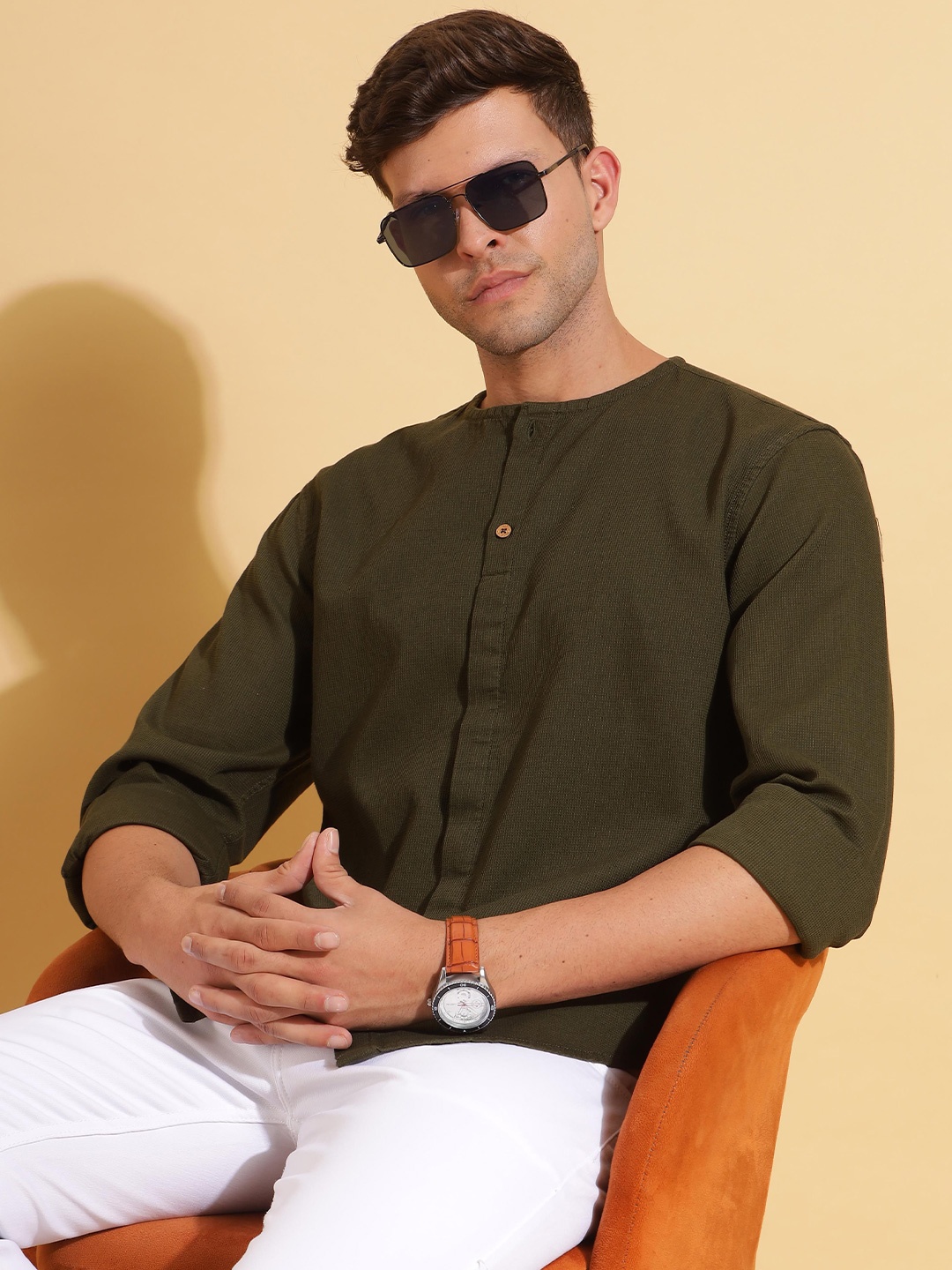 

HERE&NOW Olive Band Collar Long Sleeves Cotton Shirt